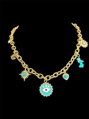 Turquoise Evil Eye and Heart Charm 18K Gold Plated Necklace
